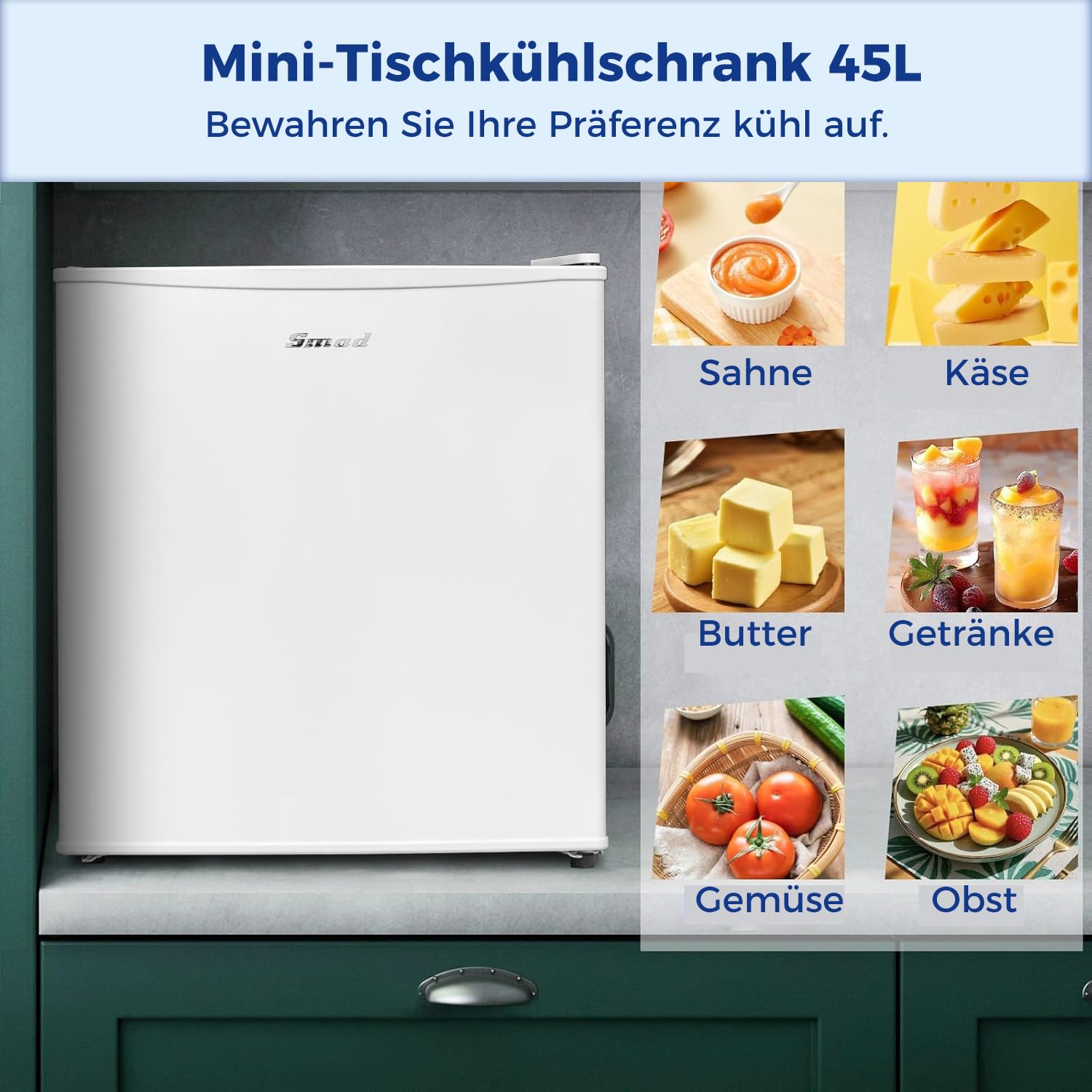 Smad Mini Kühlschrank 45L, Kühlschrank Klein, 230V, Kleiner Leiser Kühlschrank mit Umkehrbarer Tür, Minikühlschrank, Temperaturregelung 0–10 °C, Minibar für Schlafzimmer, Büro, Hotel, Wohnzimmer, Weiß