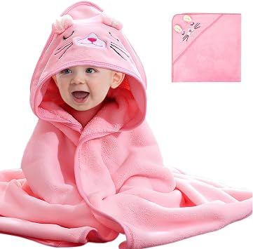 QKURT Hooded Baby Towel, Toddler Bath Towels Soft Infant Towel Newborn Blanket Coral Velvet Poncho Bath Swimming Towels for Baby Girls Boys, 80 * 80CM