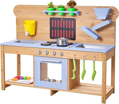 VEVOR Mud Kitchen, Outdoor Mud Kitchen for Kids, Wood Outdoor Play Kitchens with Stoves, Hooks, Double Sinks, Planting Shovels, Spatulas, Cookware Pots and Accessories, Play with Water and Sand