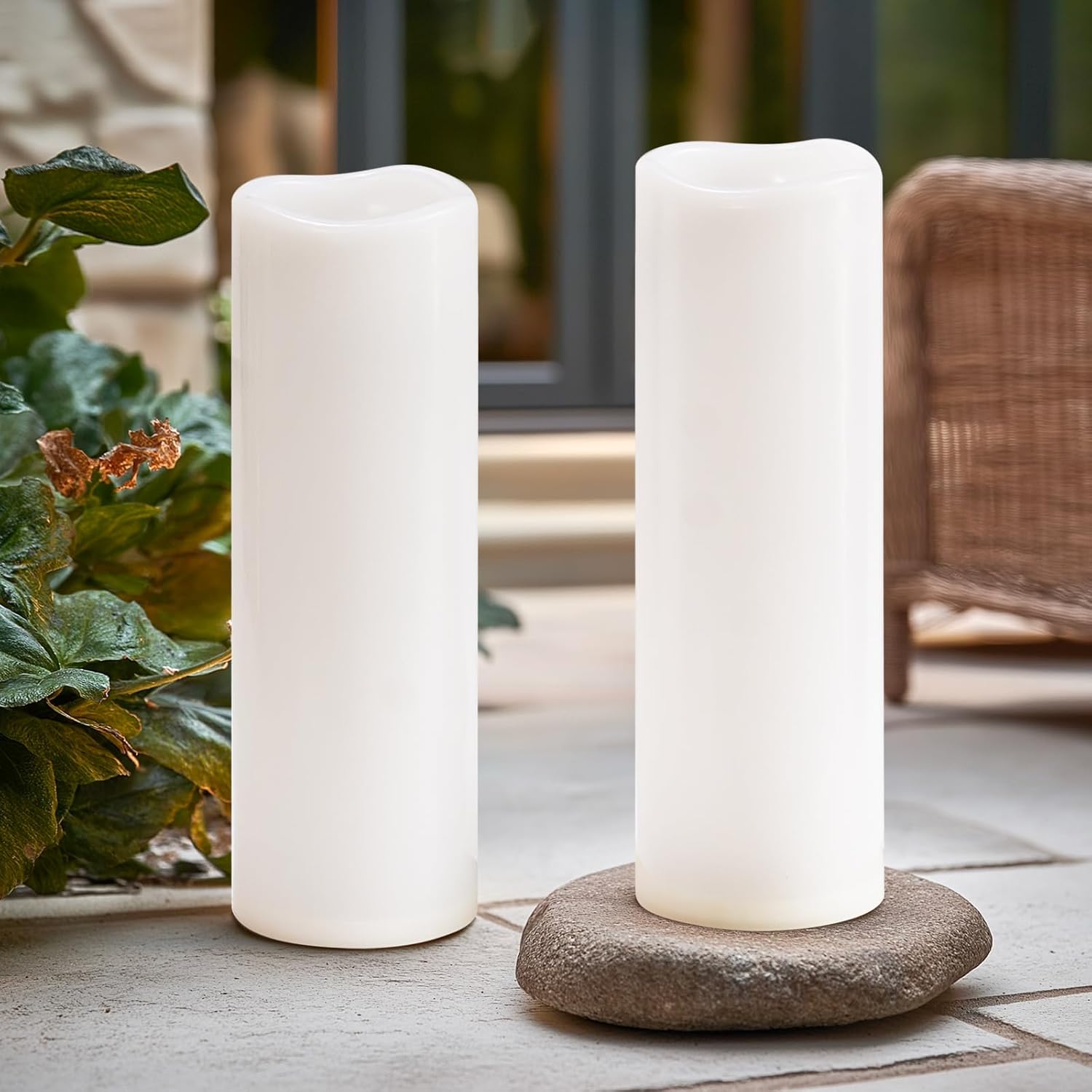 4" x 14" White Large Waterproof Outdoor Flameless Candles Battery Operated LED Flickering Pillar Candles with Remote and Timer for Indoor Outdoor Lanterns, Long Lasting, Set of 2