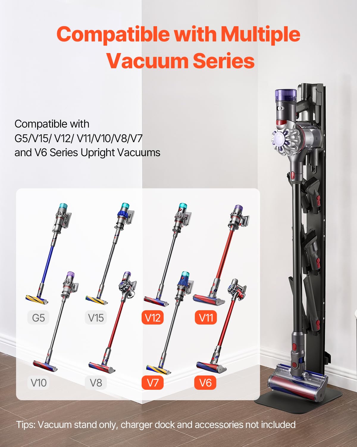 VEVOR Support d'Aspirateur pour Dyson G5, V15, V12, V11, V10, V8, V7, V6, Porte-aspirateur Vertical Rangement Stable avec Accessoires, 6 Crochets et Patins Antidérapants, pour Espaces Restreints, Noir
