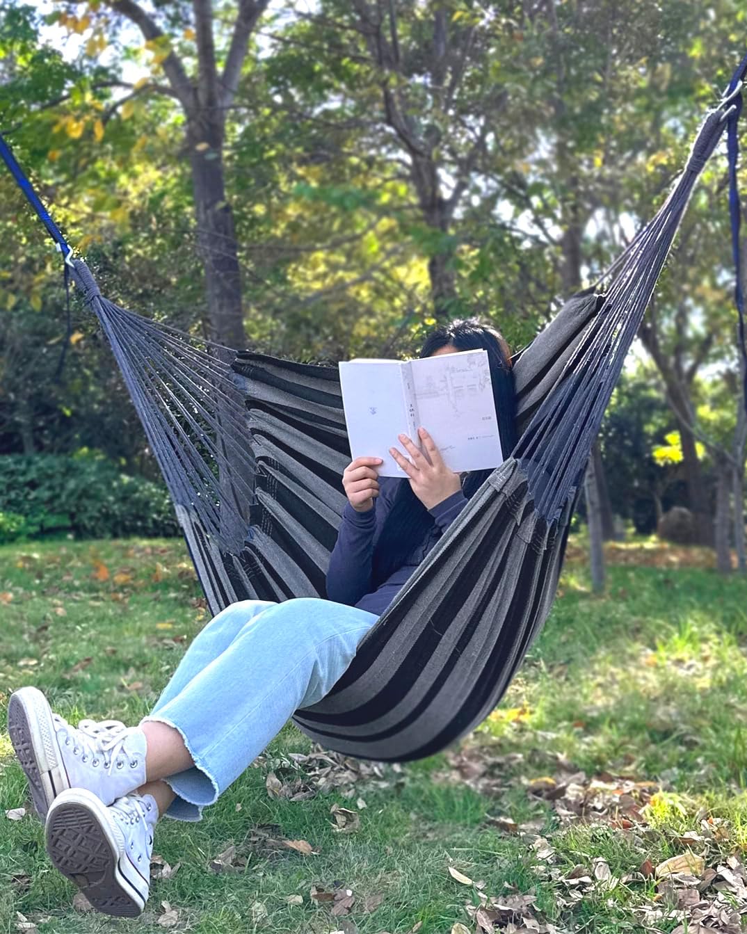 Halalona Hammock Chair Hanging Hammock Chair Rope Swing 2 Cushions Included-Sturdy & Durable Soft Cotton Hand Woven Hammock Swing for Bedroom, Porch, Patio-Indoor/Outdoor