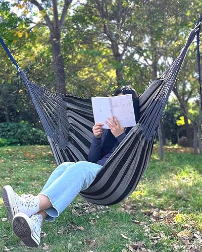 Miniatura 3 de Halalona Hamaca colgante hamaca silla columpio de cuerda 2 cojines incluidos, hamaca resistente y duradera de algodón suave tejida a mano para