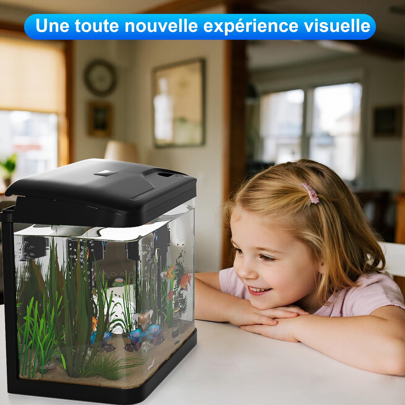 Aquarium Complet 15L,Aquarium en Verre,Aquariums Poisson Rouge,avec Système de Filtration,Couvercle et lumières LED, Pompe à Eau,pour Poissons Combattants, Poissons Rouges, Noir