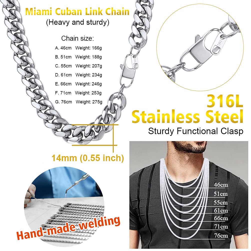 PROSTEEL Collana Uomo a Catena Cubana Barbazzale Grande Robusta, Larga 5 6 10 14 mm, Lunghezze Varie 35-75 cm, Acciaio Inossidabile/Placcato Oro, Argento Oro Nero, Regalo Ottimo (con Confezione)