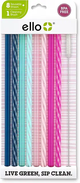 Ello Impact Reusable Hard Plastic Straws with Cleaning...