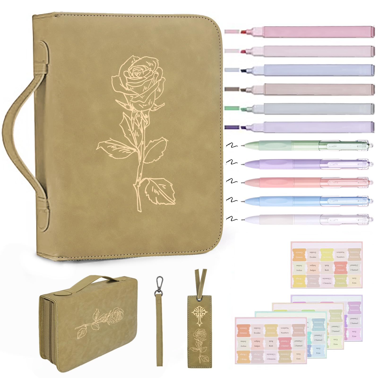 Bible Cover Case for Women, Leather Bible Bag with Study Supplies, Bible Journaling Kit with Highlighters and Pens No Bleed, Perfect Christmas Gifts for Christians Women (Khaki Pro)