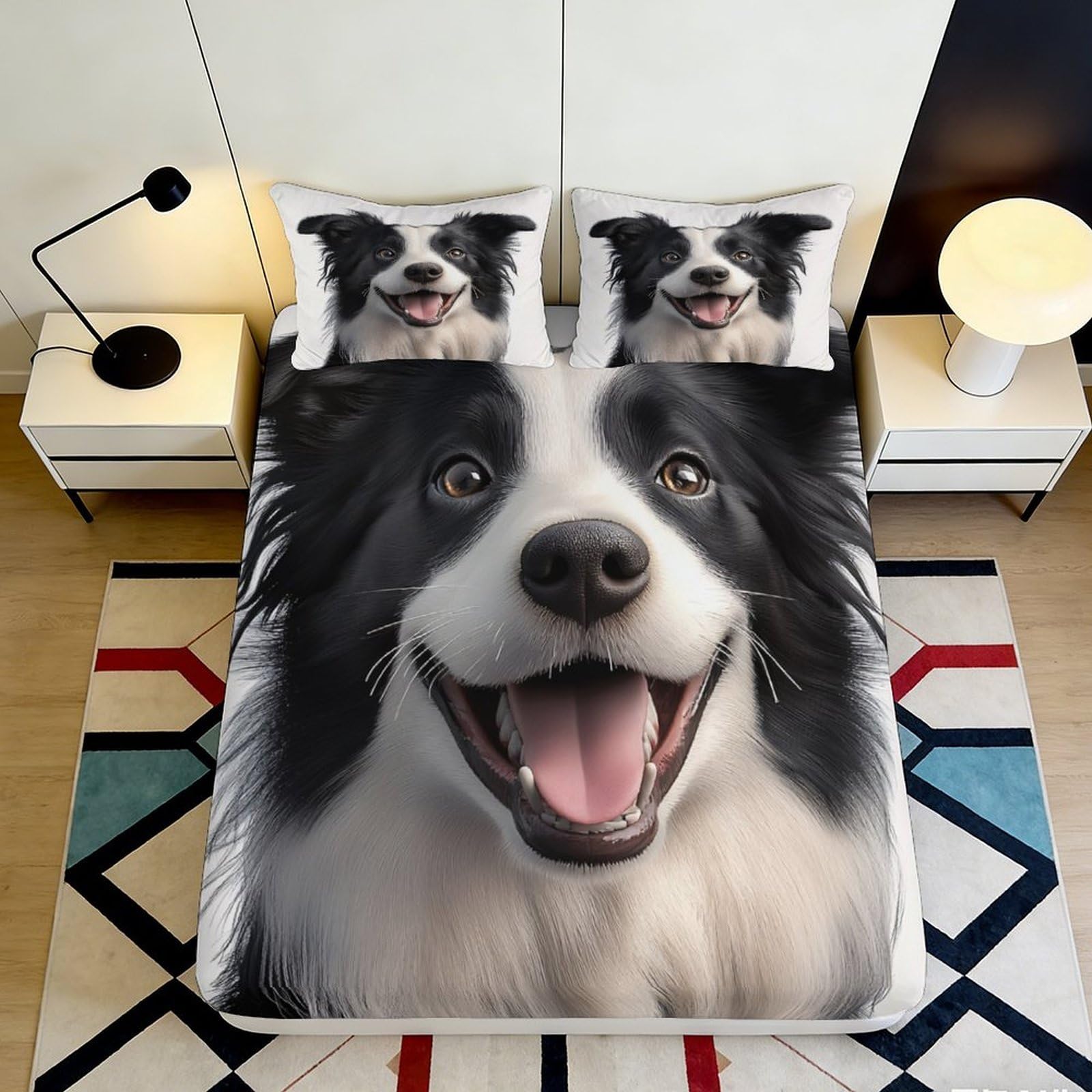 3D Printed Border Collie Fitted Sheet Microfiber Anti-Slip Dog Face Bed Cover for Bedroom Guest Room Decor Easy Care 90x200x25cm
