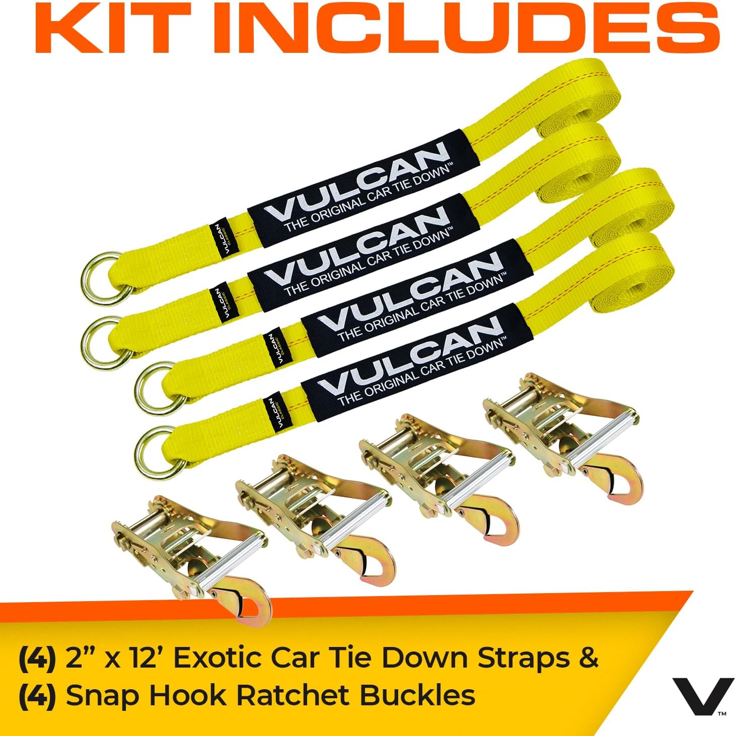 VULCAN Car Rim Tie Down System with Ratchets - 2 Inch x 144 Inch - 4 Pack - Classic Yellow - 3,300 Pound Safe Working Load - Image 3