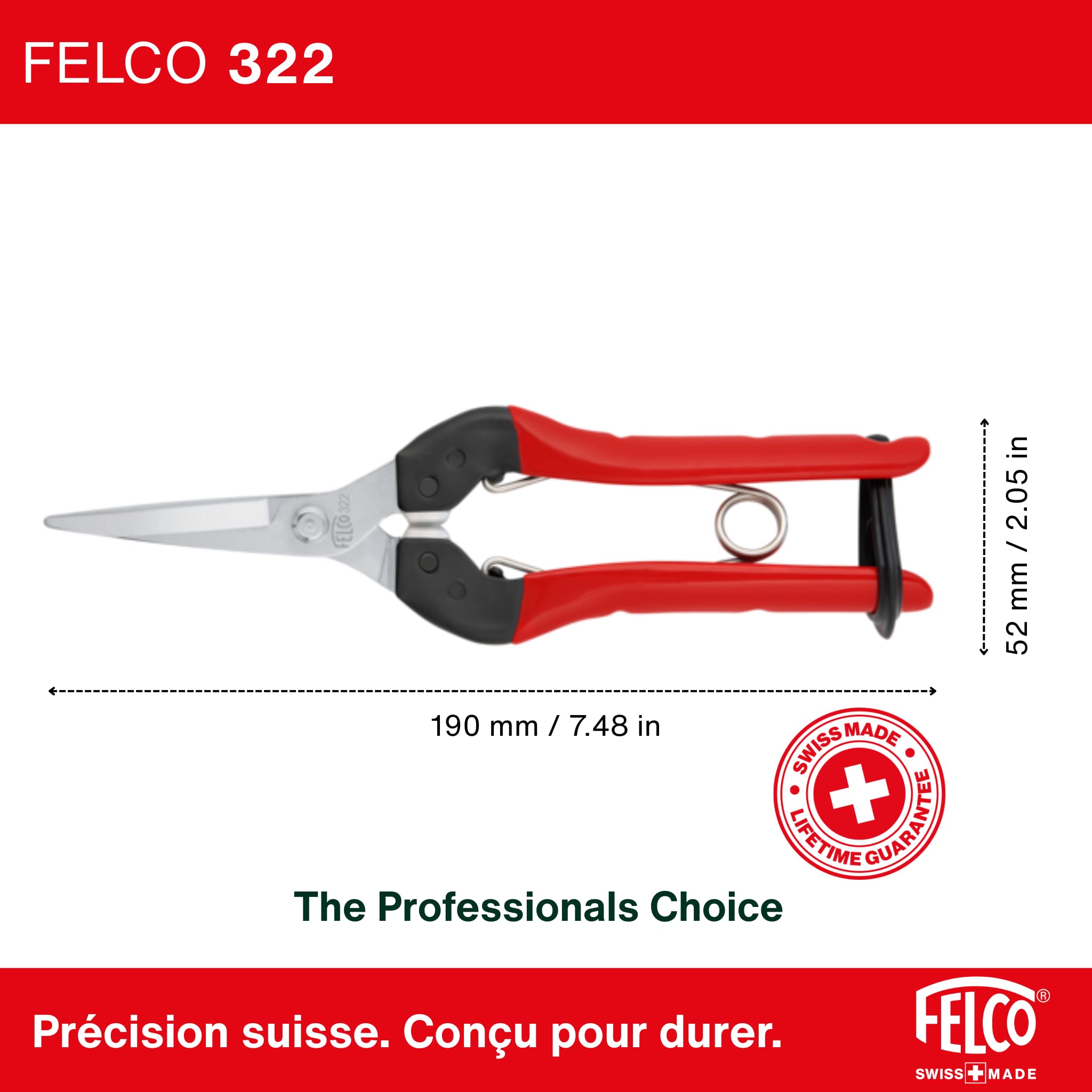 FELCO 322 épinette longue portée, lame chromée 46 mm, coupe 10 mm, poignées acier ergonomiques, amortisseurs polyuréthane, outil précis et léger 190 mm, pour jardinier, fleuriste, viticulteur
