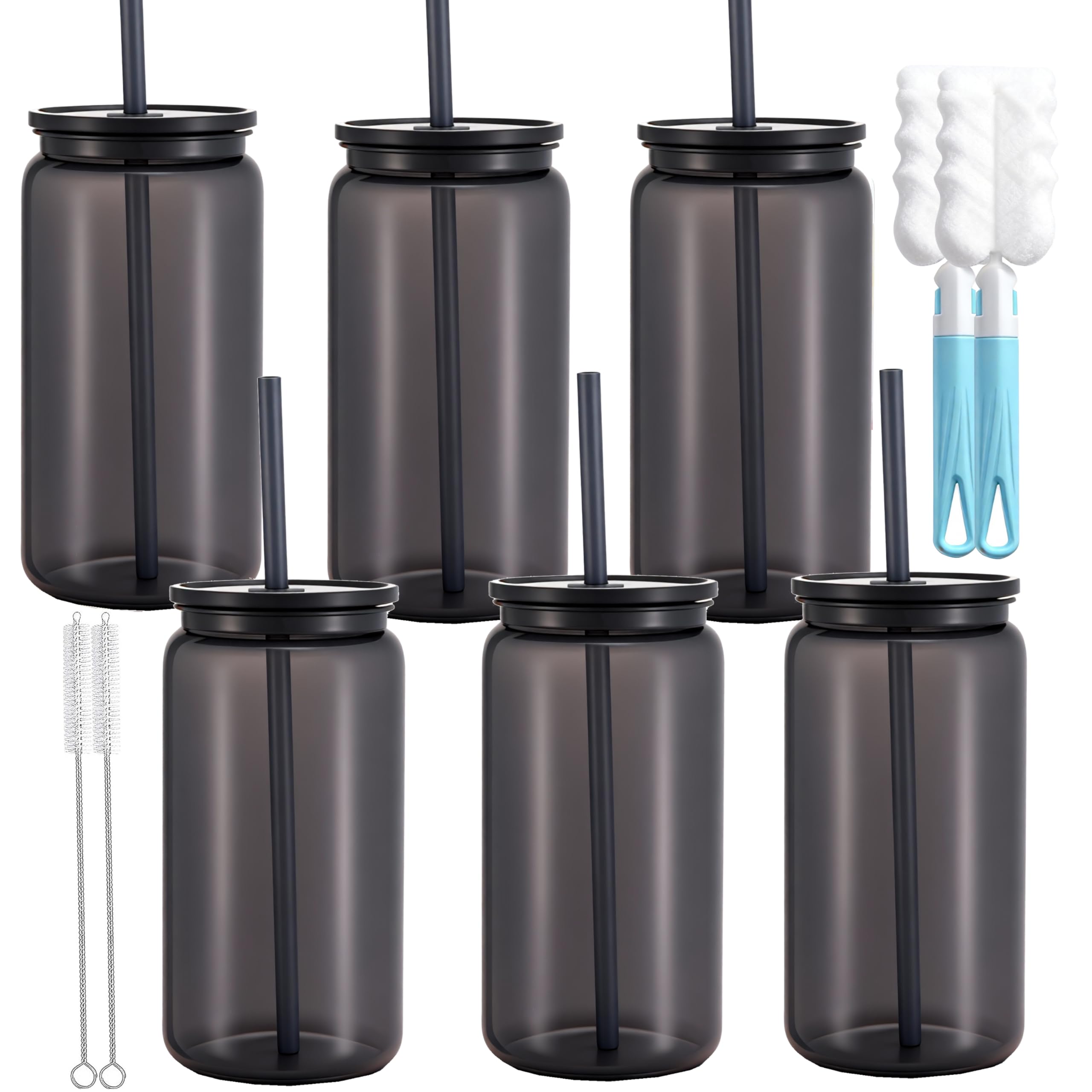CuppaLifes 500ml Plastic Mason Jars with Lids and Straws, Leak-Proof Reusable Tumblers for Iced Coffee, Cocktails, Smoothies, Juice, Beer, Cold Drinks, 6 Pack (6, Black)