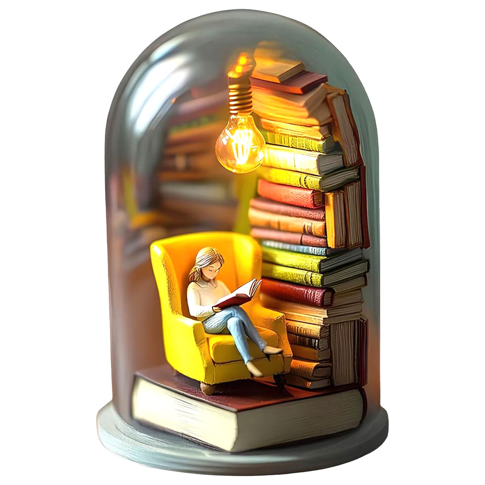 Cqsvuj White Reader Night Light, Miniature Book Lover Sculpture With Mini Books And Led Light, Mini Reading Figurine Tiny Bookshelf Library Statue For Book Lovers Gifts And Reading Nook Decor (#01)