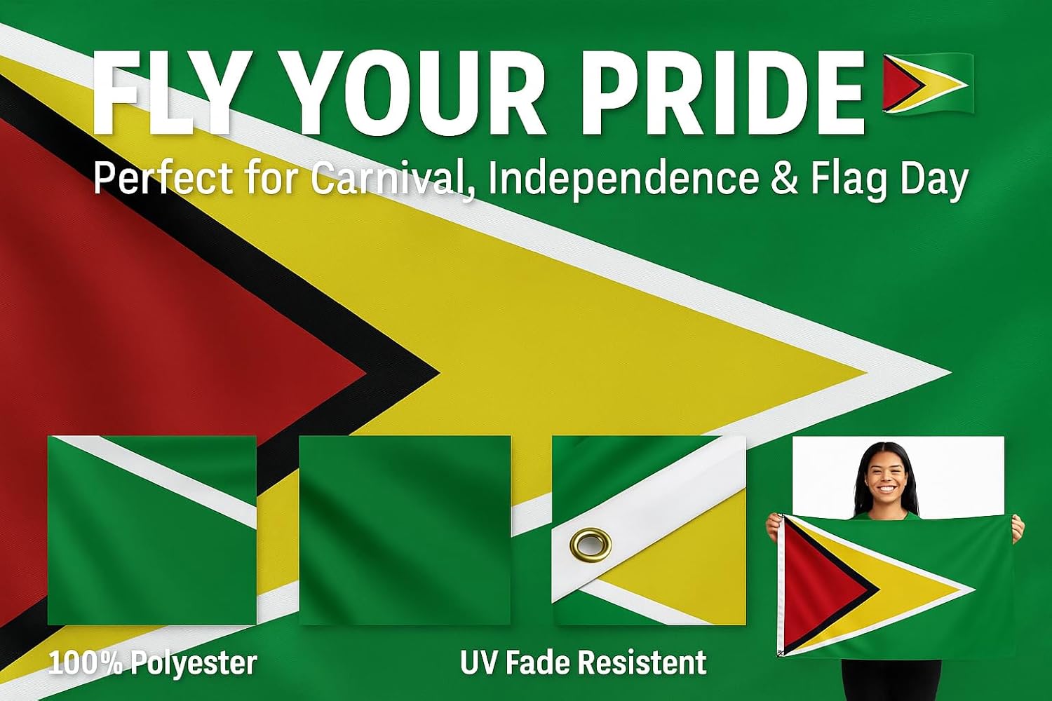 Guyana Flag 3x5 FT – Vibrant Guyanese National Flag with Brass Grommets & Double Stitched Edges – 100% Polyester 68D, UV Fade Resistant – Perfect for Mashramani, Republic Day, Carnival, Independence, Parades, Outdoor & Indoor Décor - Image 6