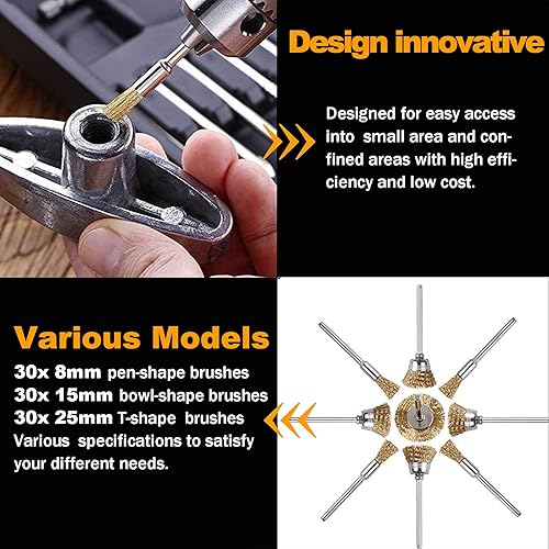 Vista 32 de Rocaris Juego de 72 cepillos de rueda de alambre, juego de cepillos de alambre de latón y acero, vástago de 1/8 pulgadas para herramientas