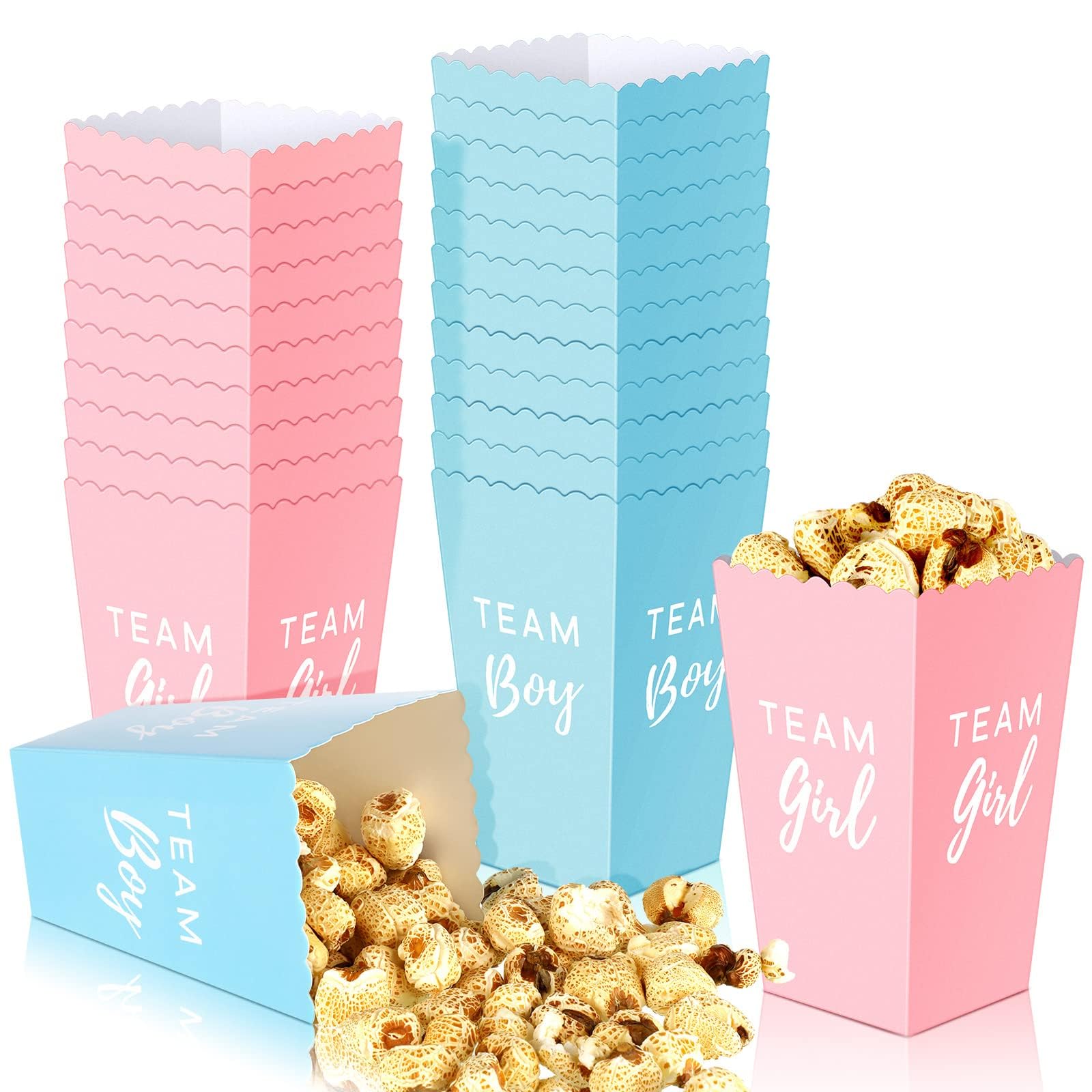 KASTWAVE Gender Reveal Paper Popcorn Boxes, 50 Pack Baby Shower Gender Reveal Party Supplies, Blue Pink Decorative Dinnerware Mini Popcorn and Candy Favor Treat Boxes Team Boy Girl Paper Popcorn Boxes