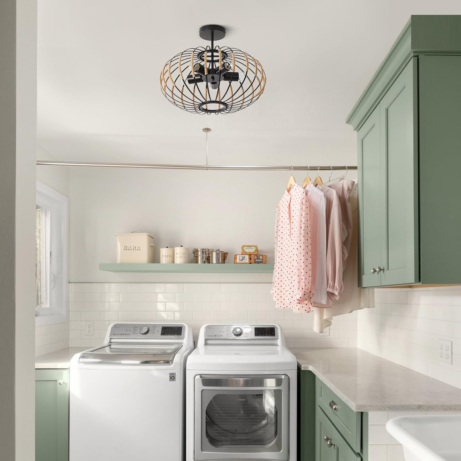 Modern Black Semi Flush Mount Ceiling Light, Rattan Industrial Chandelier for Dining Room,Living Room,Bedroom,Hallway,Kitchen,Bar 5-Light