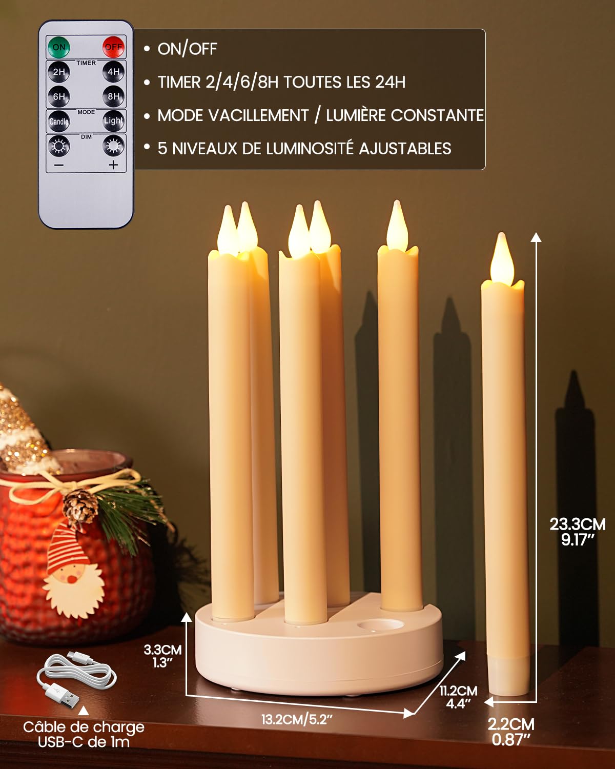 Bougies LED Flamme Vacillante Rechargeable avec Base de Chargement, 6 Pièces Fausse Bougie Longue avec Télécommande et Fonction Minuterie pour Noël, Halloween, Décoration de Chambre, Mariage