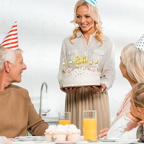 Miniatura 3 de Roowest 6 velas doradas de cumpleaños número 80 con purpurina número 80, velas de cumpleaños con estrella 3D, decoración para mujeres y hombres,
