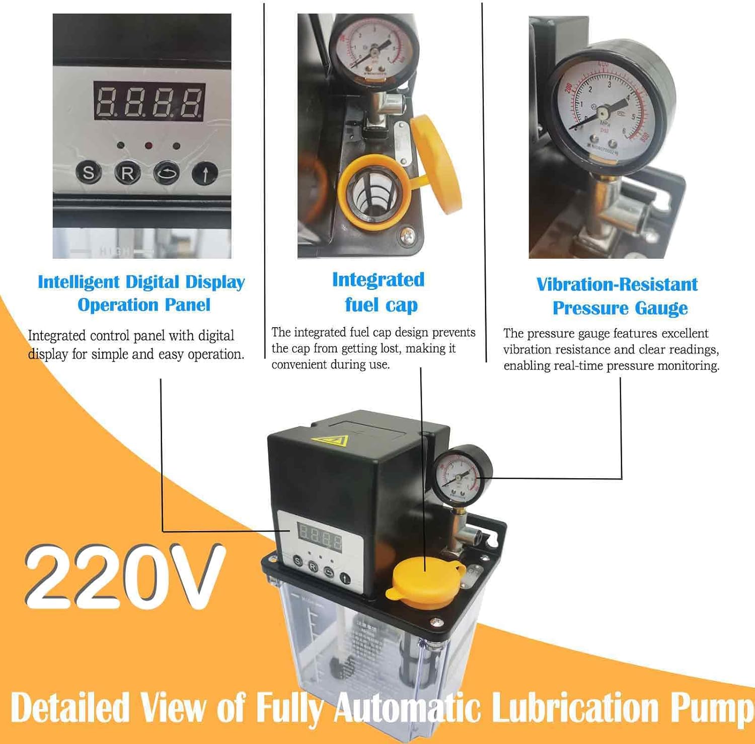 2L Automatic Lubricating Oil Pump 220V Lubrication Oiler with Pressure Testing, for Lathe, Milling, Drilling, Punching Equipment, Single-Phase Motor with Thermal Protection