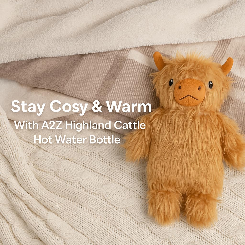 A2Z Highland termofor 750 ml, 3D, twarz zwierzęcia, pluszowy pokrowiec, miękki, przytulny, futrzany design, naturalna guma, terapia cieplna, łagodzenie bólu szyi, pleców, relaks, pomysł na prezent dla