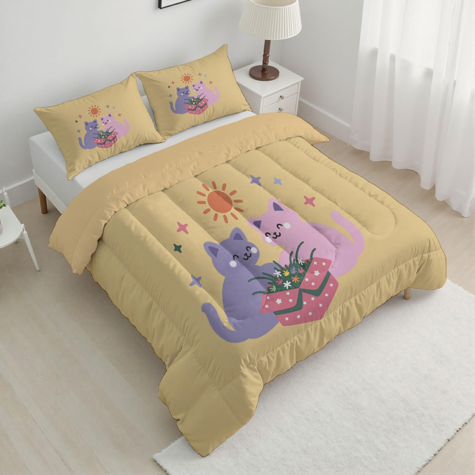 Trapunta Letto Singolo 4 Stagioni Piumone per Bambini, Semplice Gatto Sole Leggero Astratto Animali Set di Biancheria da Letto 140x200cm con 1 Federe,Piumino Lavabile In Lavatrice
