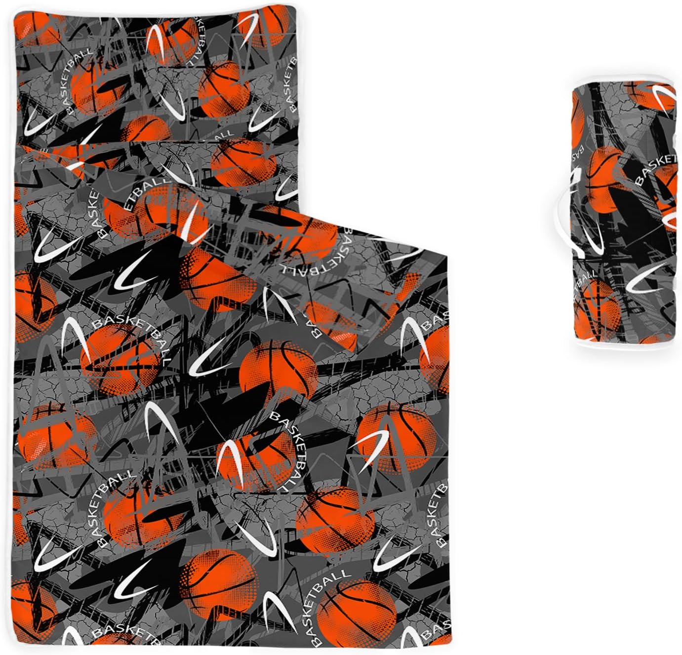 Axolotl Basketball Nap Mat with Pillow and Blanket, Grey Orange Basketball Slumber Bag, Hand Drawn Graffiti Rolled Sleeping Mat for Teens, Ball Game Sports Sleeping Bag for Traveling, 50" L*21" W