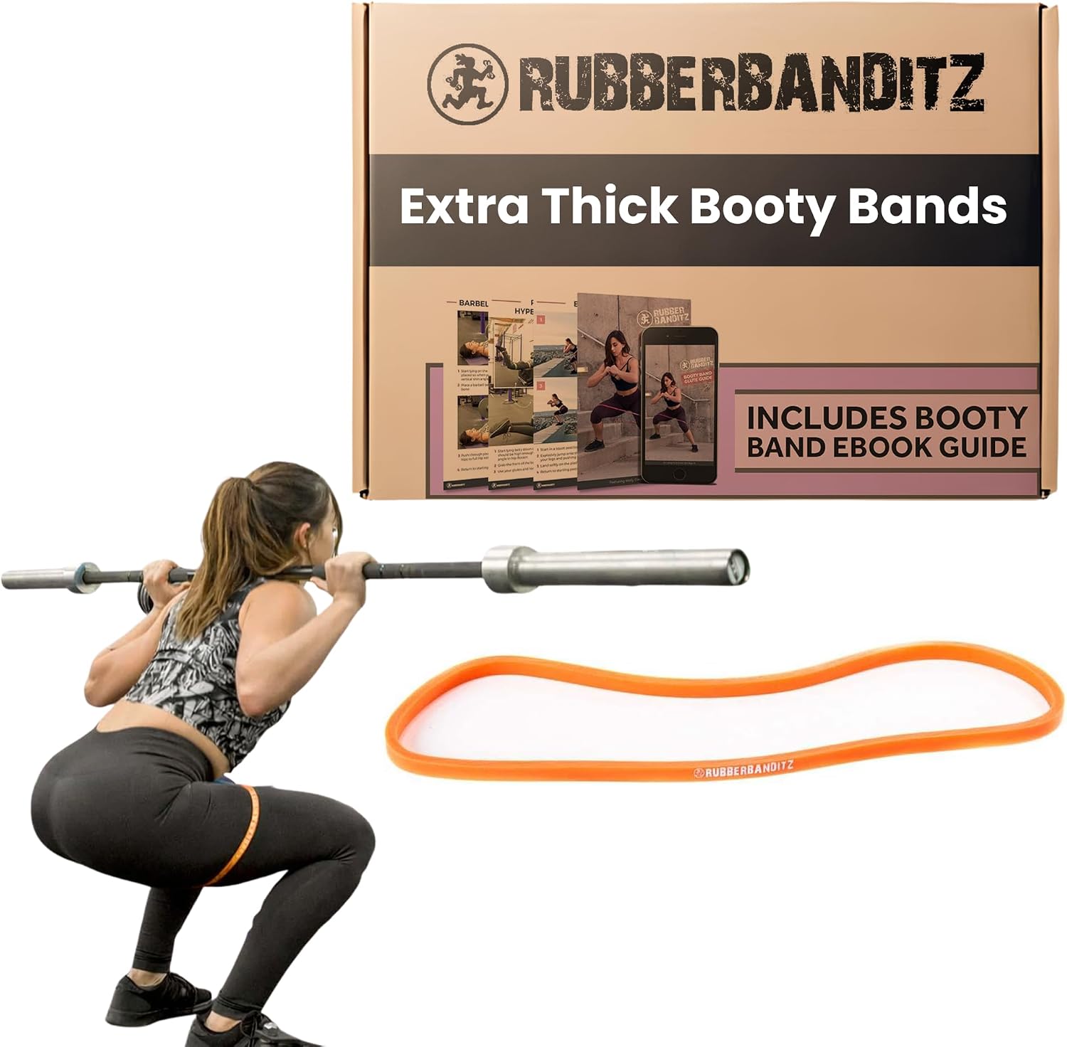 Rubberbanditz Extra Thick Booty Bands - for Glutes and Legs Workouts - Includes eGuide for Women - Mini Loop Exercise Band Engages Hips, Thighs, Butt, and Abs - 5 Mini Resistance Band Sizes 5-100 lbs