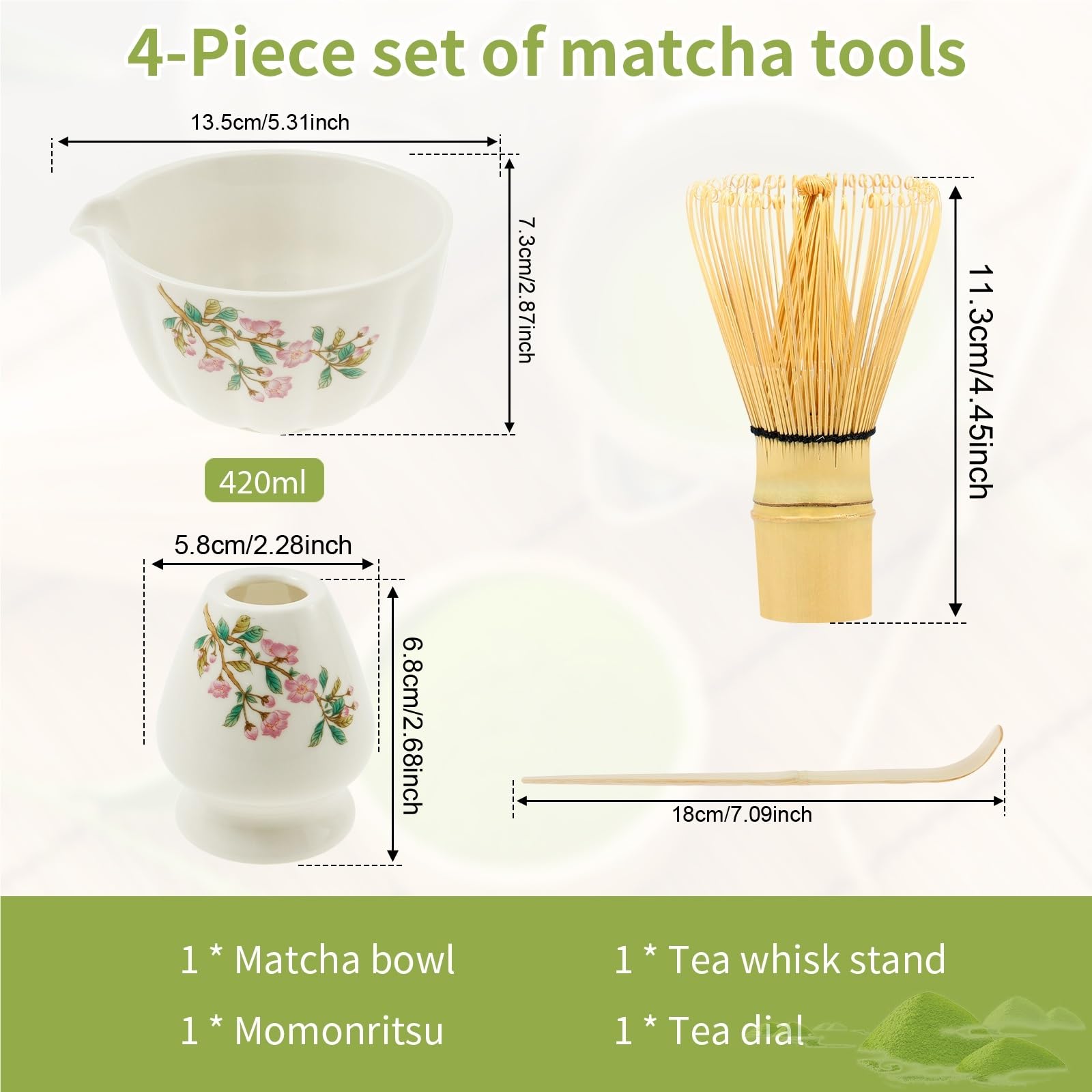 Matcha Kit Kit de batidor y Cuenco for Matcha con Soporte. Elegante versátil Kit for Preparar té. Fácil Limpiar. Ideal for Amantes del(Green)