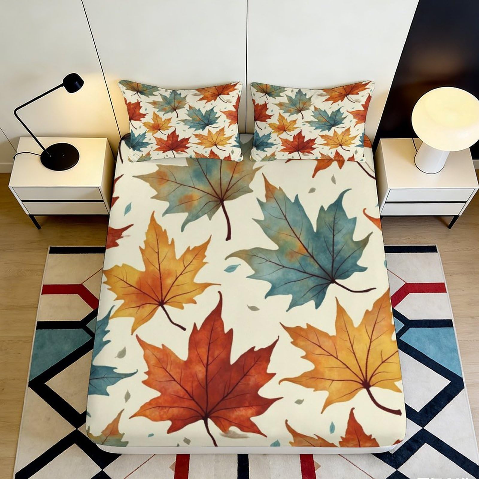 3D Printed Maple Leaf Fitted Sheet Microfiber Autumn Leaves Mattress Cover Anti-Slip for Bedroom Guest Room Decor 90x200x25cm