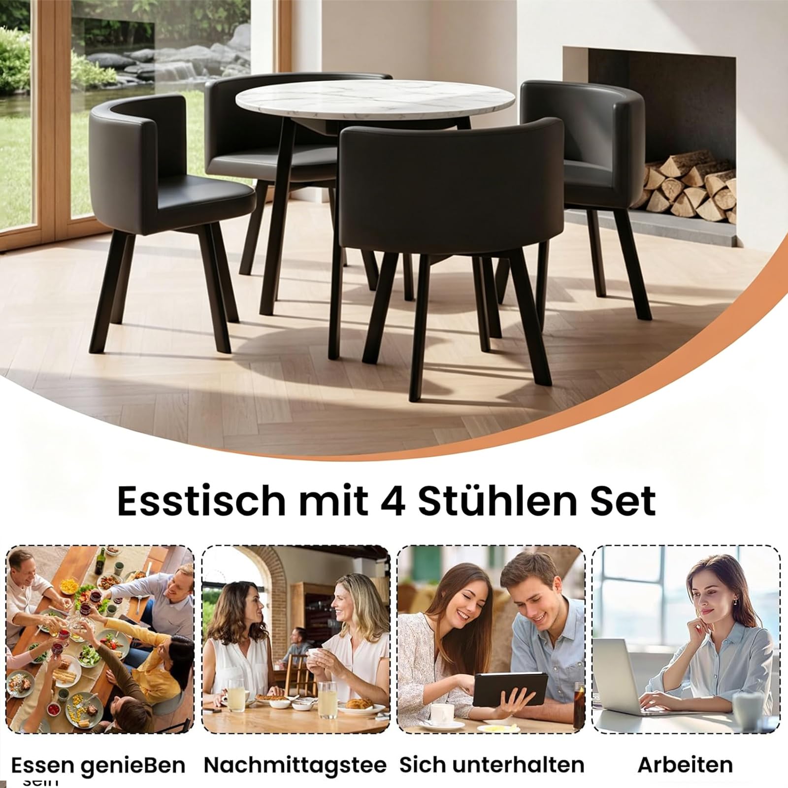 Essgruppe 5-Teilig, Küchenstühle Runder Esstisch und 4 Kunstleder Esszimmerstühle, Küchentisch esszimmertisch 80 cm, für 4-6 Personen, für Esszimmer, Küche, Wohnzimmer, Modern (White-1)