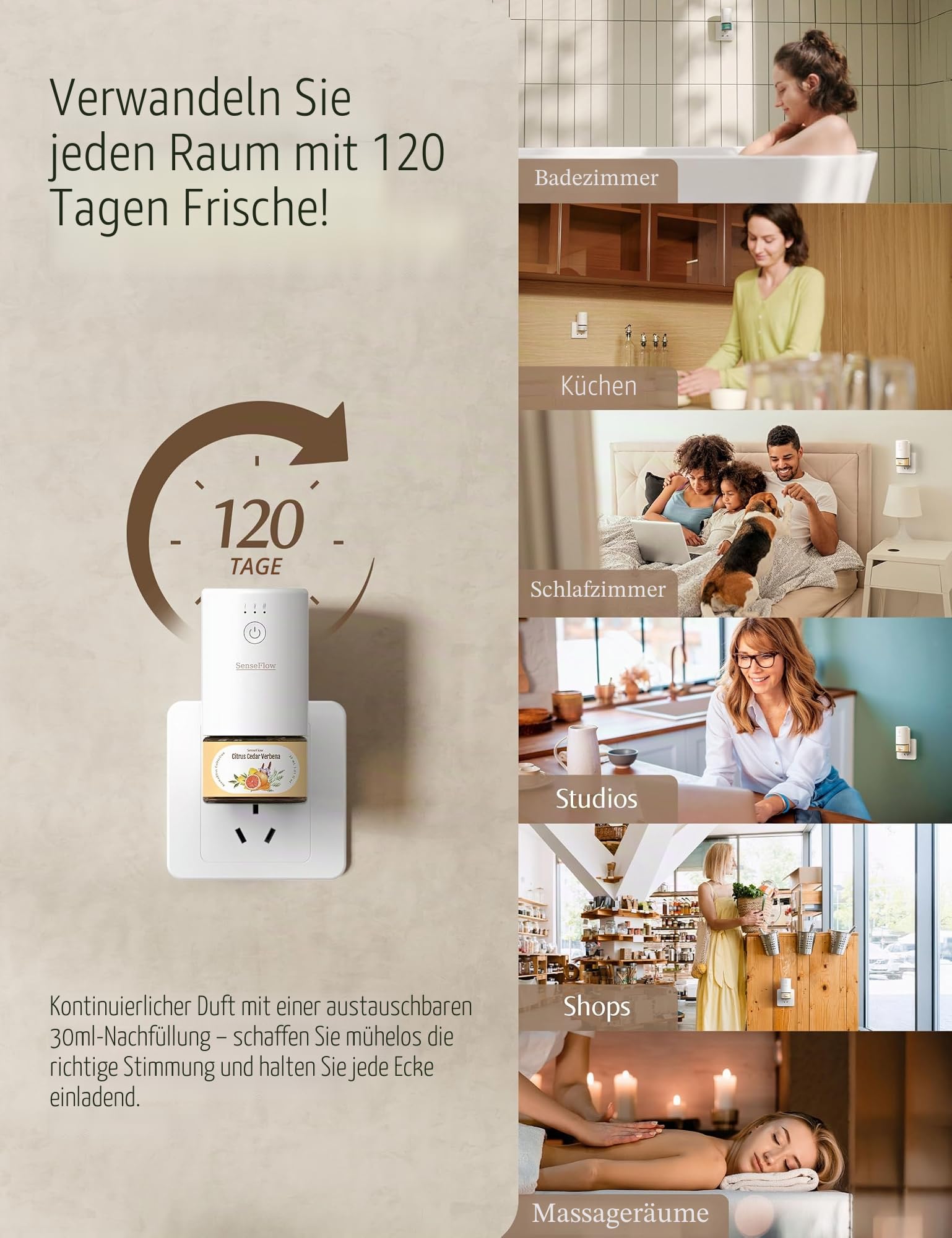 Aroma Diffuser für Ätherische Öle WiFi SF101S, Wasserloser Ultraschall Duftstecker Raumduft, 100% pflanzlich Lufterfrischer, 120-Tage Aroma für Zuhause 100 m² - Schwarze Zeder & Wacholder