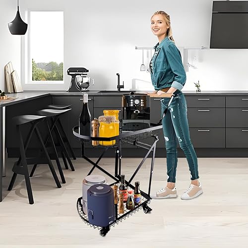 Miniatura 7 de Carrito utilitario plegable de 2 niveles con ruedas, carrito de compras plegable de 110 libras con ruedas, carrito plegable multifunción resistente