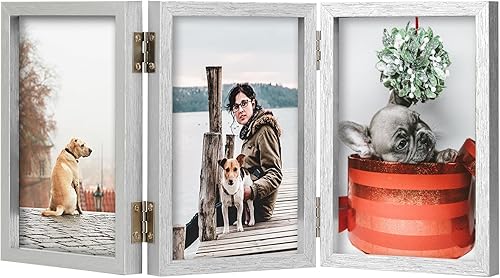 Miniatura 8 de TOFOREVO Marco de fotos de madera triple de 4 x 6 pulgadas, con tres bisagras, soporte de cristal verticalmente en escritorio o mesa