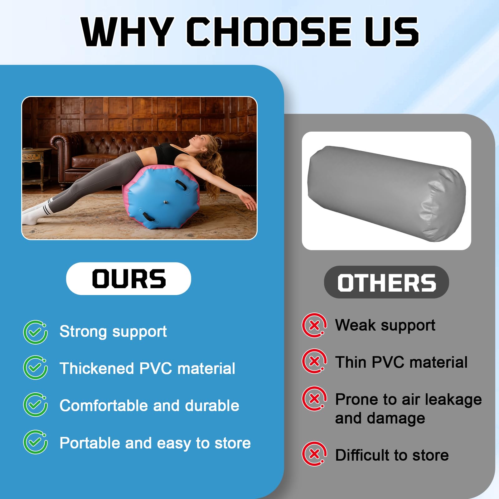 Air Rolle für Turnen und Gymnastik, Aufblasbarer Tumbling Barrel & Balance Trainer mit Pumpe, Tumbling Matte für Rückwärtssalto, Yoga, Cheerleading Training zu Hause Outdoor Fitness