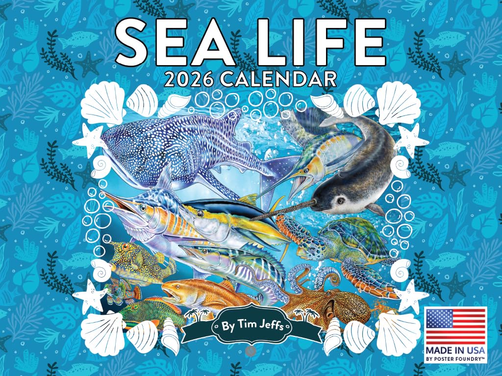 Tim Jeffs Sea Life Calendar 2026 Ocean Marine Fish Monthly Wall Calender 12 Month | American Made In The USA