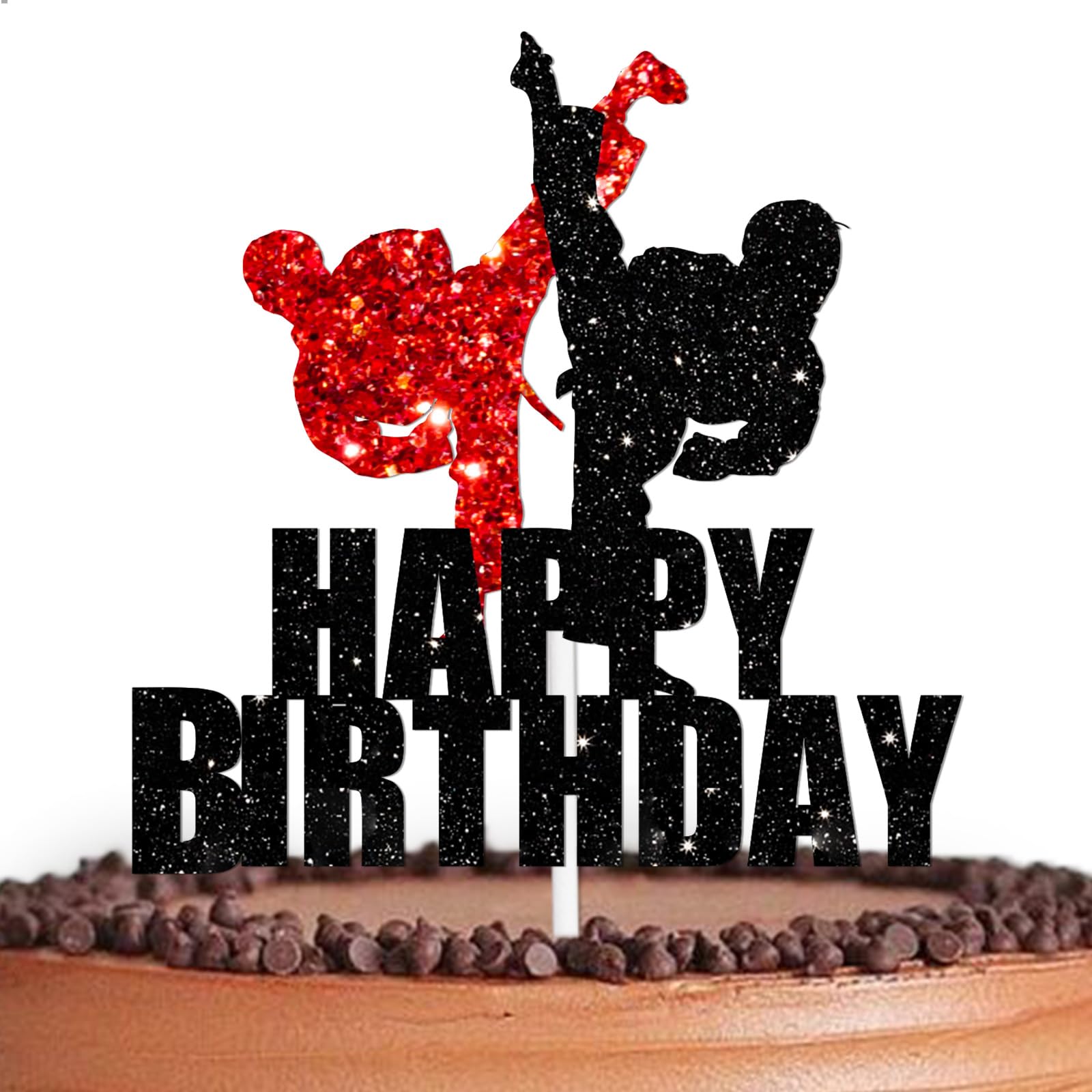 Black Glitter Happy Birthday Cake Topper Pick for Taekwondo Theme Decor Supplies Men Boys Wrestler Happy Birthday Party Decorations