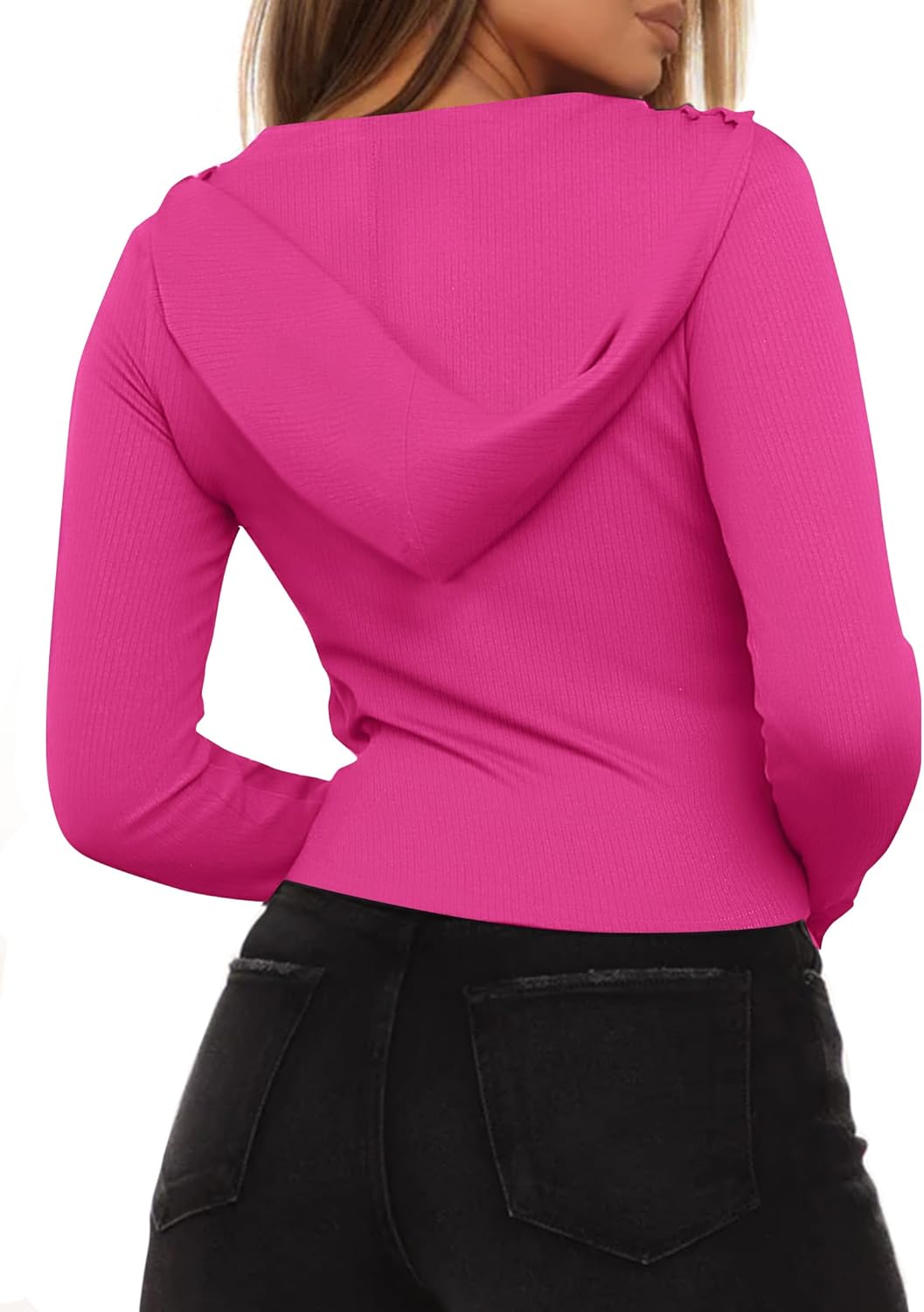 LovelyWholesale Womens Ribbed Cropped Hoodie Zip Up Crop Sweatshirt Casual Long Sleeve Tops - Image 2