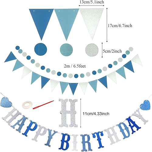 Miniatura 4 de Recosis Decoraciones azules para fiestas pancarta de feliz cumpleaños, cortinas, pompones de papel, abanicos, guirnalda, globos de confeti