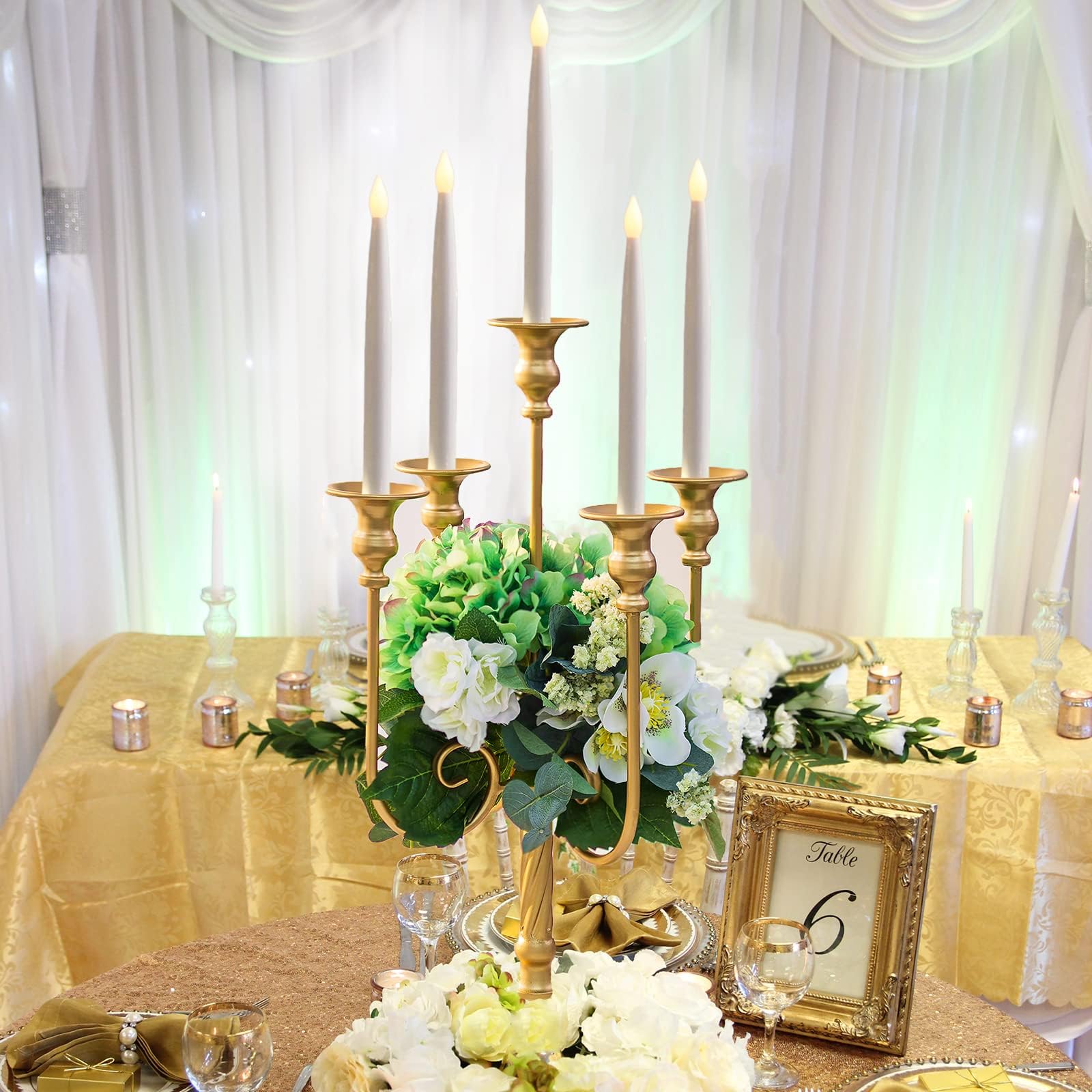 Candelabro de metal dorado para velas de 20 pulgadas de alto, 5 velas para velas cónicas, portavelas para centro de mesa de boda, Navidad, San Valentín, vacaciones, fiesta, evento, decoración de 3