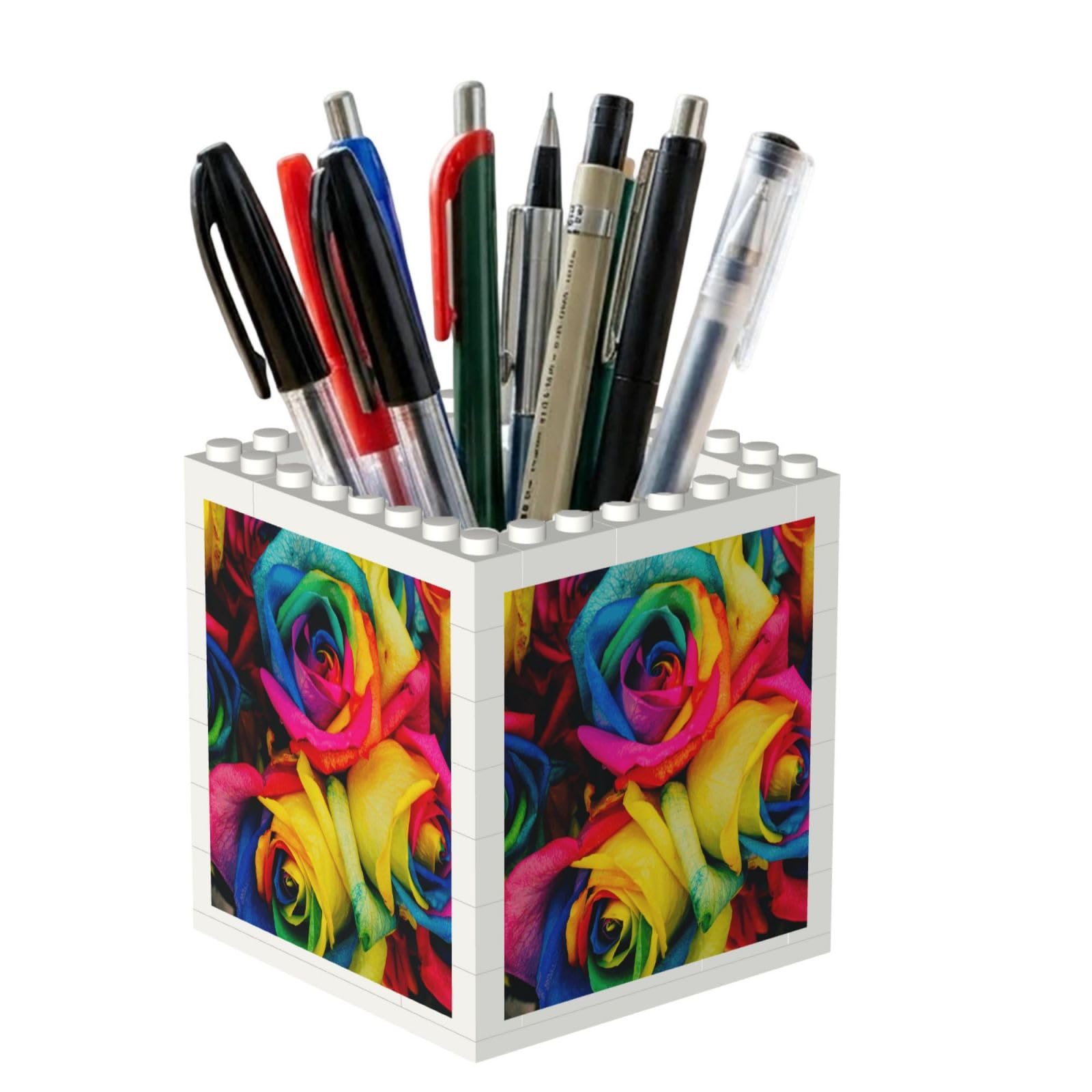 Poadnly Rainbow Petal Roses, Pen Pot Pencil Holder for Office Home School, Compact Desk Organiser for Office Stationery