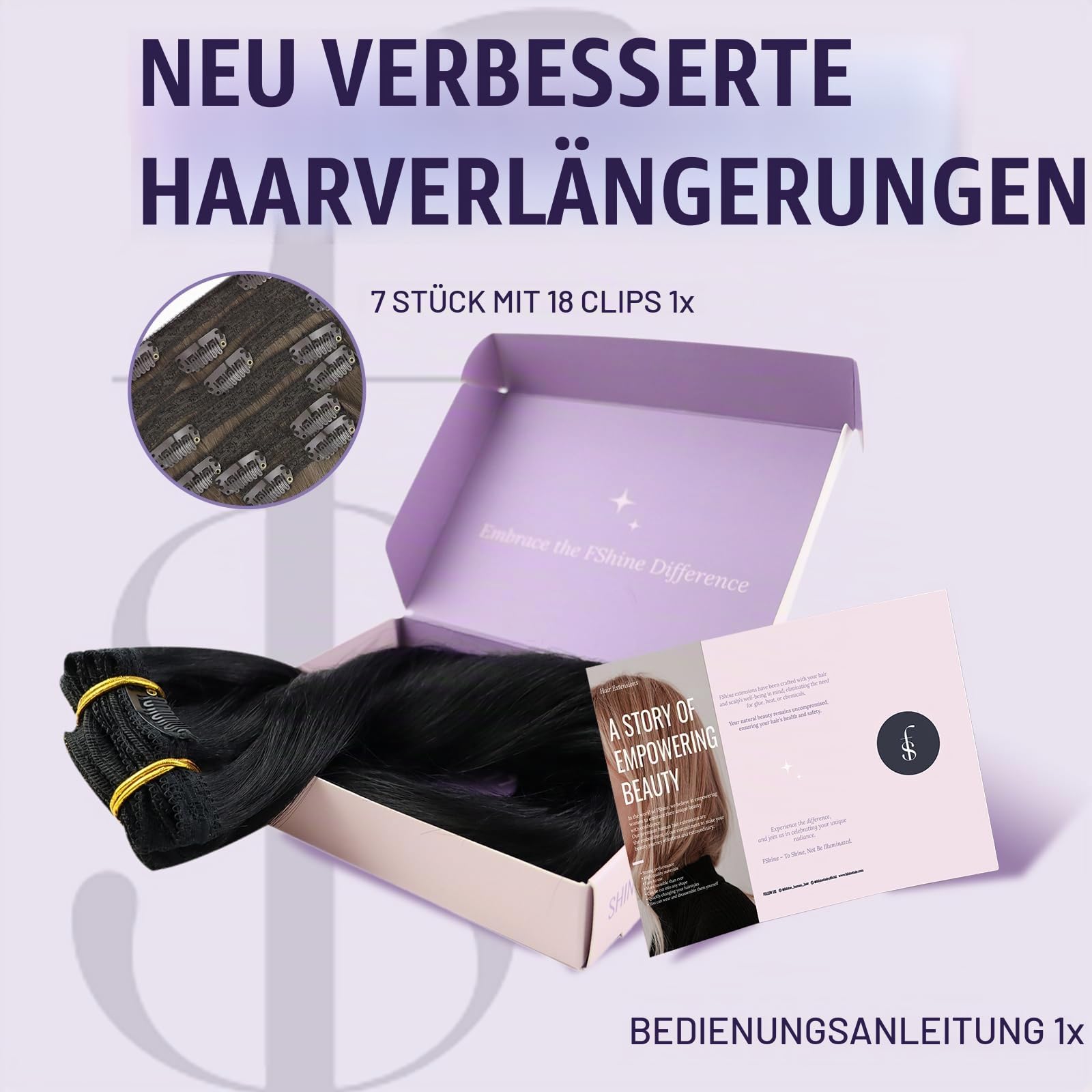 Clip in Extensions Echthaar Tiefschwarz, 7 Stücke 120 g, 60 cm, natürlich, schonend für Eigenhaar, Echthaar Extensions Clip, Farbe 1