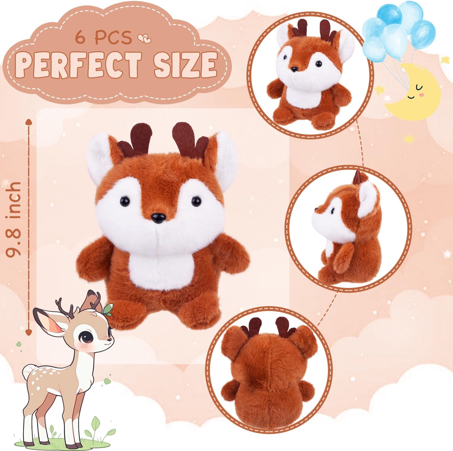 ARELUX 6 Pack Deer Stuffed Animal Pillows Party Supplies - Soft 9.8inch Plush Hugging Pillows, Cute Animal Plushies Set - Perfect for Decor, Gifts, and Cuddling for Party Favor Packs