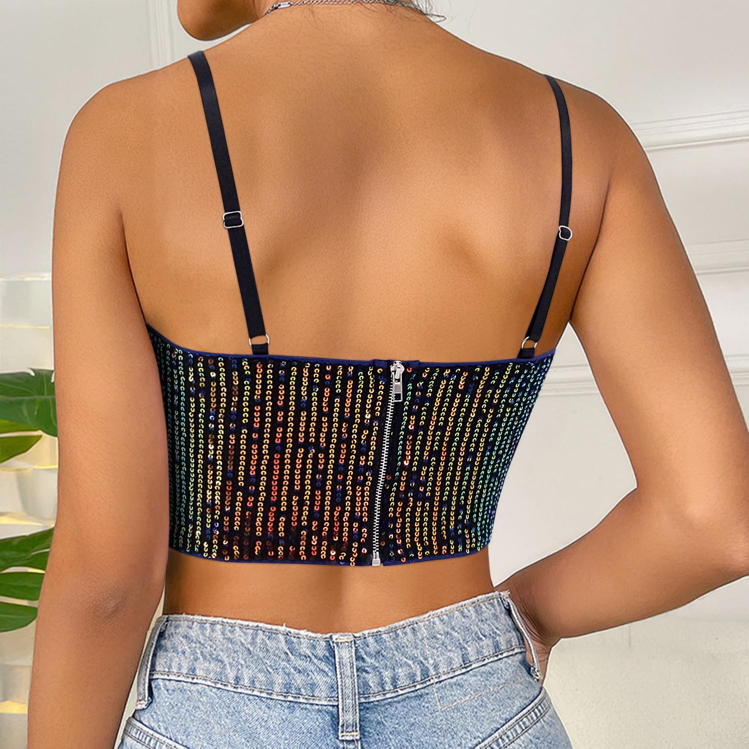 Segreto Damen Glitzer Pailletten Tanktop Ärmellos Spaghettiträger Sexy Crop Top Trägertop Festival Party Club Camisole
