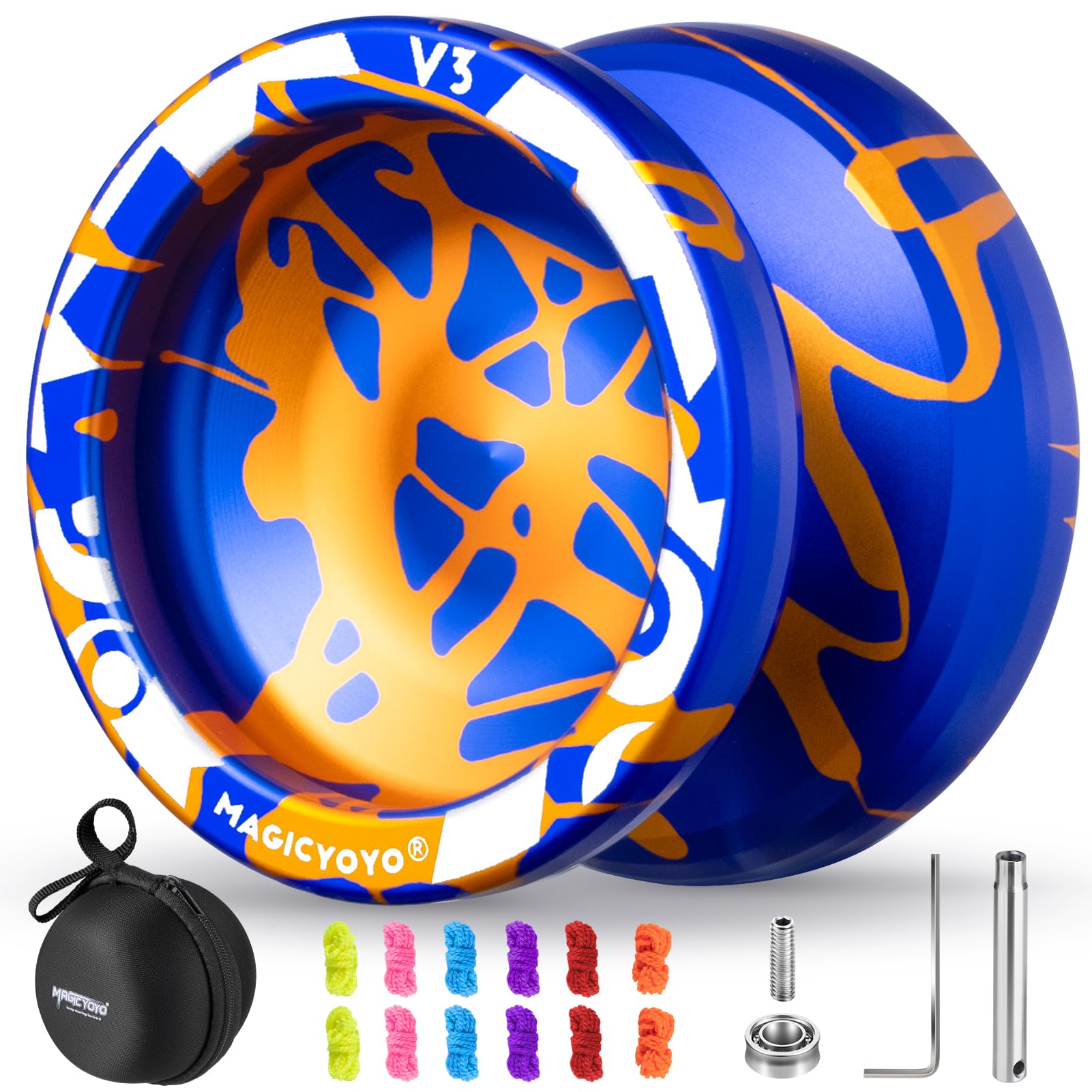 MAGICYOYO V3 Responsive Yoyo for Kids 8-12 , Professional Yoyo for Adult, Dual Purpose Metal Yo-yo with KK Bearing + 12 Yoyos Strings, Bearing Removal, Axle, Yo yo Case (Blue Glod Splash)