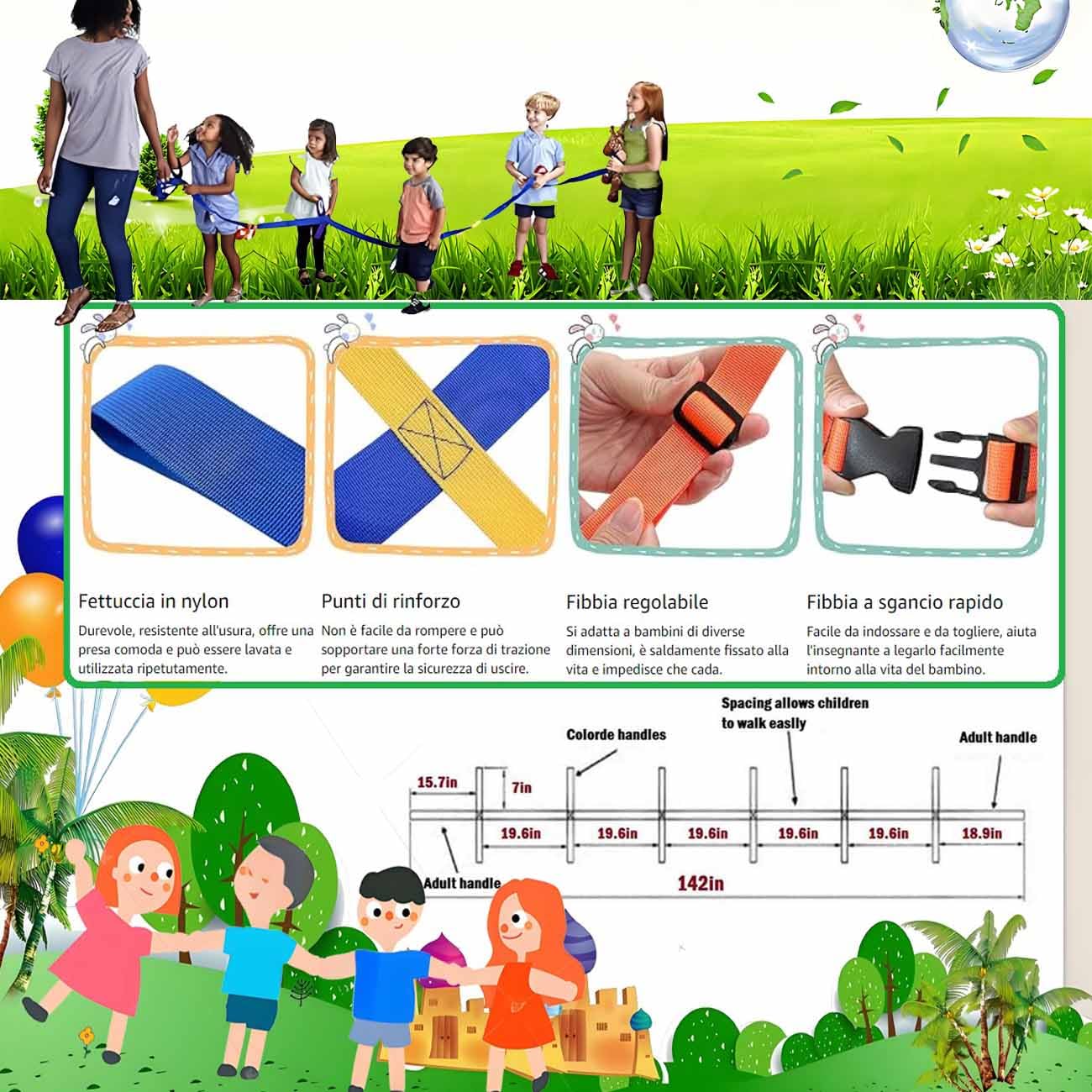 Walking Rope for Preschool,Toddler Walking Rope with Waist Belts,Children's Walking Ropes with 12 Colorful Handles,Outdoor Safety Daycare Rope for Preschool Nursery Includes a Storage Bag