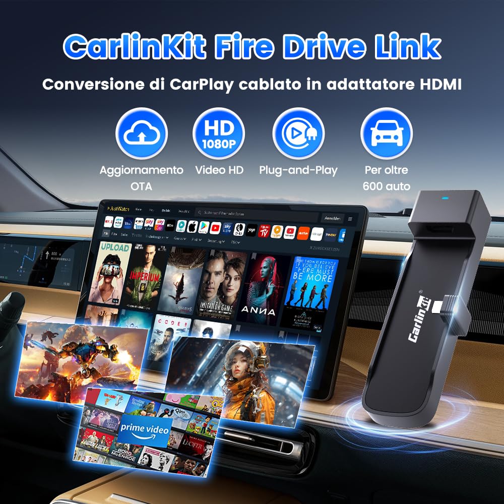 Carlinkit Fire DriveLink Adattatore HDMI - converte CarPlay per Fire TV Stick Streaming, ingresso HDMI per Netflix, YouTube, TikTok e altro