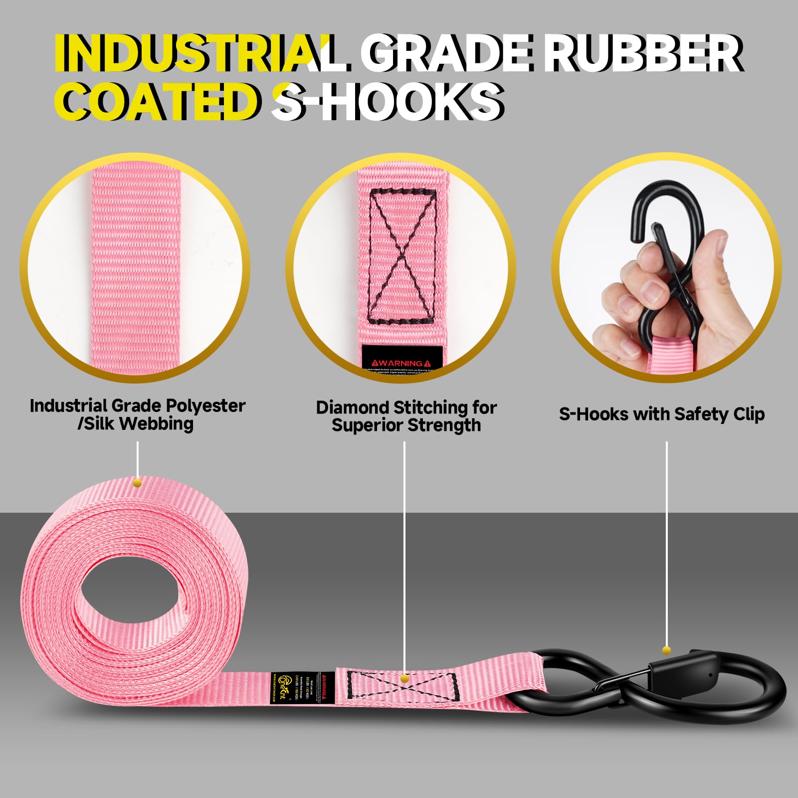 Juego de 4 Correas de Amarre de trinquete para Resistencia a la Rotura de 2400 Libras | Correas de Amarre de 1 Pulgada x 16 pies con amarres de Bucle Suave y Gancho en S de Seguridad, Correa de Carga