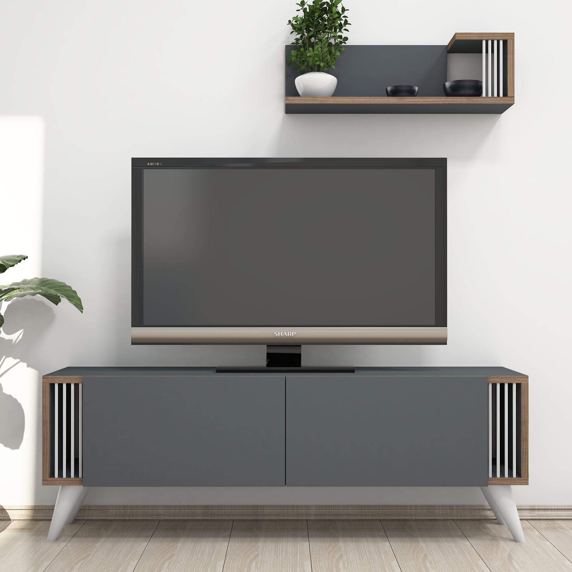 Mueble para televisión de madera gris antracita y nogal Homemania para salón rectangular