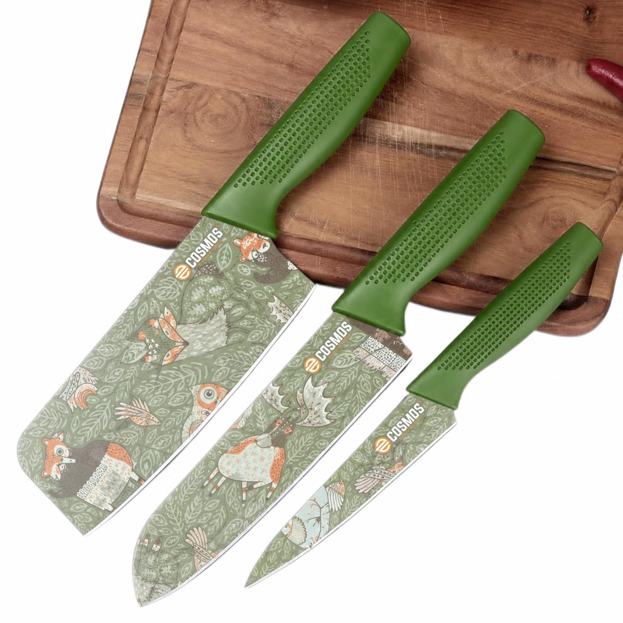 E-COSMOS® Professional 3-Piece Kitchen Knife Set - High Carbon Stainless Steel Chef, Utility & Santoku Knives with Ergonomic Blue Handles (3 Pc Knife Set) (Green)