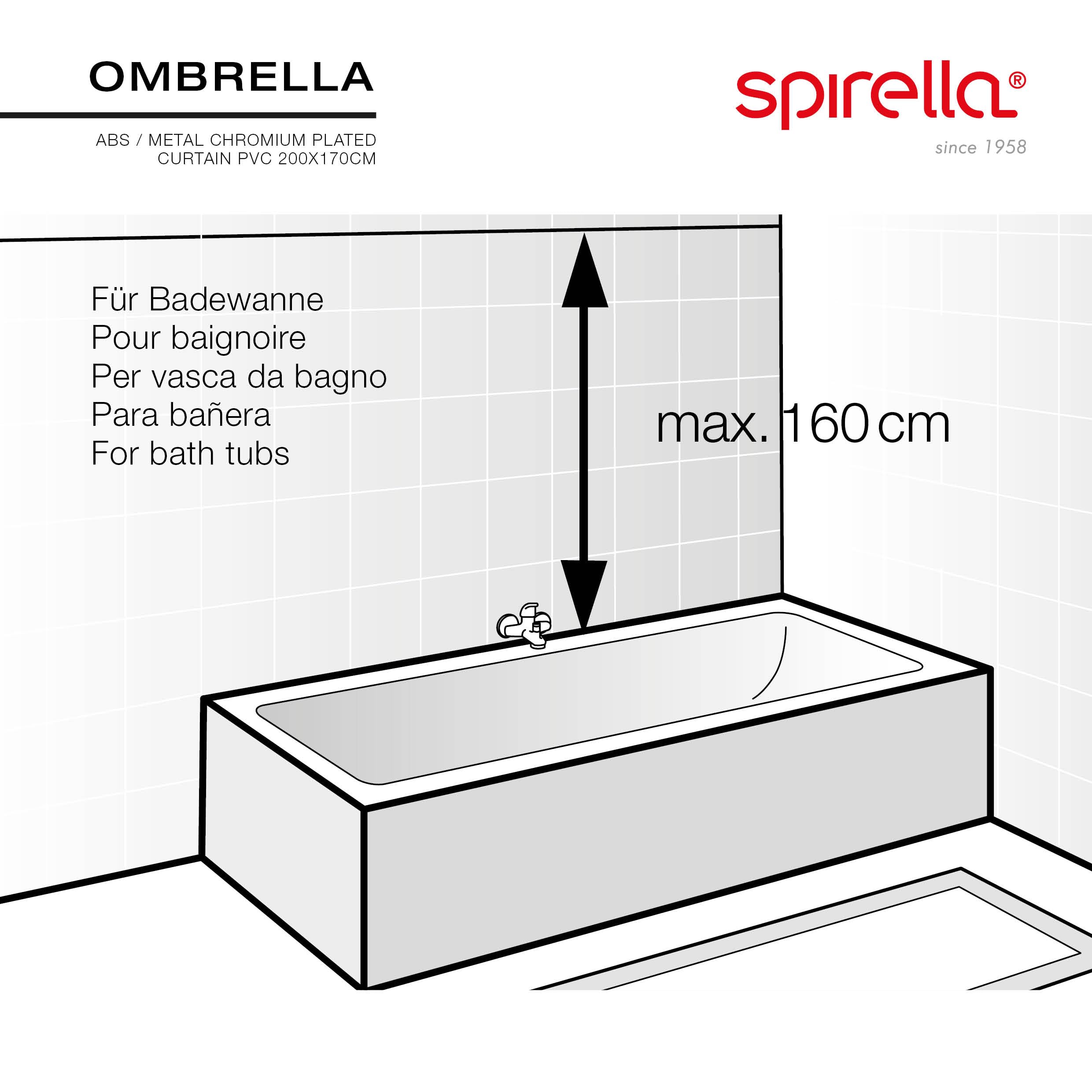 Spirella Set Douche Ombrella - Structure 8 Bras ABS Chrome + Rideau PEVA Imperméable Anti-Moisissure - pour Baignoire - Transparent - 200 x 170 cm